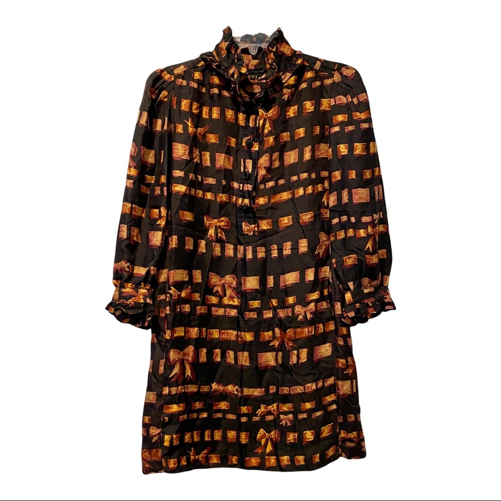 Betsey Johnson 100% Silk High Neck Dress Womens Sz 4 Button Down Bow Graphic
